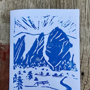 Boulder Flatirons Block Print Carte de vœux / Colorado Linoléum sculpté à la main Blank Pour anniversaire, Mariage, Merci Framable Mountain Linogravure