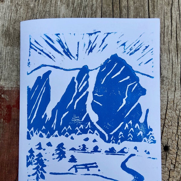 Boulder Flatirons Block Print Greeting Card/ Colorado Hand Carved Linoleum Blank For Birthday, Wedding, Thank You Framable Mountain Linocut