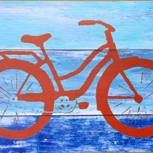 Coastal Decor Red Beach Cruiser Bike Giclee Art Print Sweet Bicycle Cottage House Warming Gift Bright Seaside, Summer Wall Art image 1