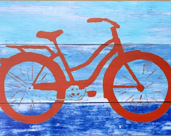 Coastal Decor Red Beach Cruiser Bike Giclee Art Print - Sweet Bicycle Cottage House Warming Gift- Bright Seaside, Summer Wall Art