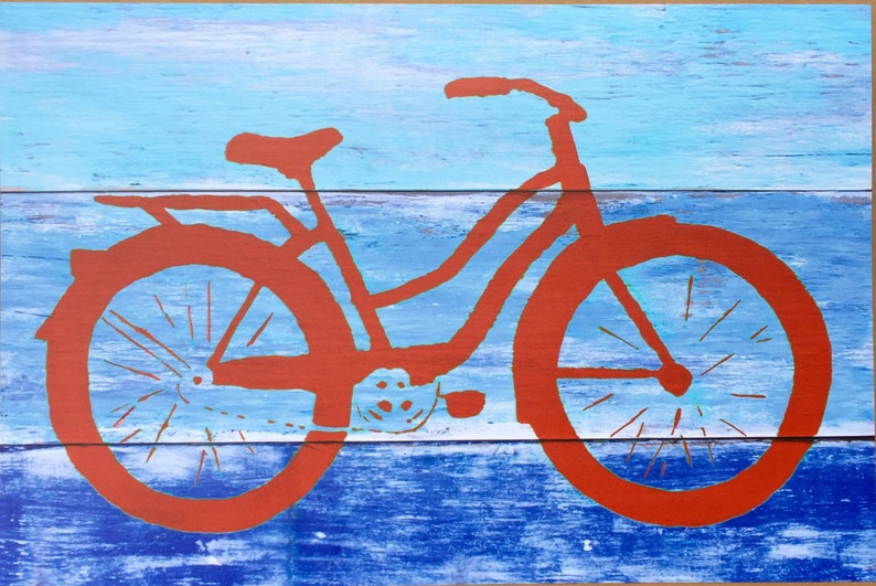 Coastal Decor Red Beach Cruiser Bike Giclee Art Print Sweet Bicycle Cottage House Warming Gift Bright Seaside, Summer Wall Art image 1