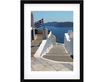 Escaliers blancs et mer bleue à Santorin, art mural des îles grecques et décoration méditerranéenne, téléchargement numérique imprimable