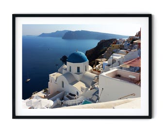 Photographie de Santorin, Grèce, église au dôme bleu et mer, art mural numérique à imprimer, photographie de Grèce