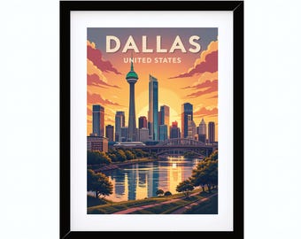 Dallas Texas Travel Poster, Reunion Tower Skyline Wall Art, Modern Cityscape Print, Dallas United States Decor, Printable digital download