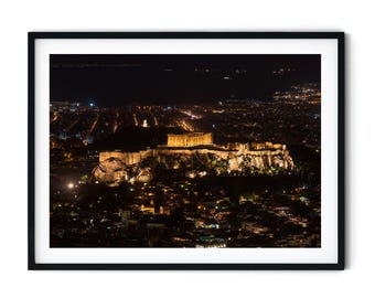 L'Acropole d'Athènes illuminée la nuit avec le Parthénon, photographie urbaine de Grèce, téléchargement numérique imprimable, photographie d'Athènes