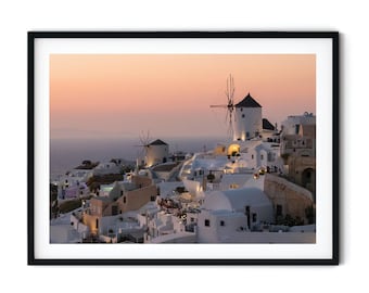Photographie de moulins à vent au coucher du soleil à Santorin, art mural côtier d'une île grecque à imprimer, téléchargement numérique, photographie de Santorin