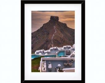 Photo du coucher de soleil à Santorin, vue sur la mer Égée depuis une falaise, art décoratif de voyage, téléchargement numérique imprimable, photo de Grèce