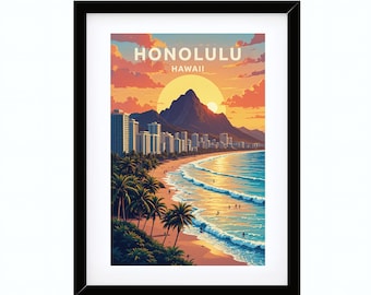 May include: A vintage-style travel poster featuring a sunset over Honolulu, Hawaii. The poster features a cityscape with palm trees and a beach with waves crashing on the shore. The text "HONOLULU HAWAII" is at the top of the poster.