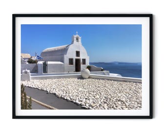 Photo de Santorin (Grèce), impression de l'église blanche d'Oia, peinture de paysage de la mer Égée, décoration murale méditerranéenne, téléchargement numérique imprimable
