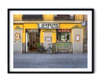 Librairie photo Madrid Malasaña, Façade jaune, Art, Image de quartier bohème, Cadeau pour les amoureux des livres, Téléchargement numérique imprimable