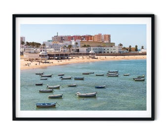 Photo de plage à Cadix, côte méditerranéenne avec bateaux, art mural numérique à imprimer, photographie de Cadix