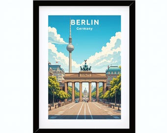 Può includere: Stampa artistica incorniciata con un'illustrazione stilizzata di Berlino, Germania. L'immagine mostra la Porta di Brandeburgo, la Torre della televisione e altri monumenti iconici sotto un cielo blu brillante con nuvole. La parola "BERLINO" è visualizzata in alto.