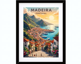 Poster van Madeira, Portugal, muurdecoratie met een kustdorpje, landschapsprint van het eiland Funchal, zomerdecoratie, printbare digitale download.