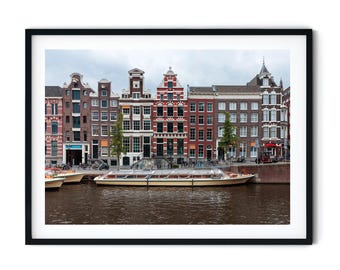 Maisons de canal et bateau à Amsterdam, architecture néerlandaise, art du voyage. Téléchargement numérique imprimable, photographie d'Amsterdam