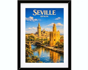 Seville Spain Travel Poster, Torre del Oro & Giralda Wall Art, Guadalquivir River Cityscape Print, Spanish Decor, Printable digital download