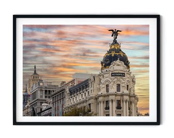 Photo du bâtiment Metropolis à Madrid, Gran Vía Coucher de soleil, Décoration murale Madrid Espagne, Peinture architecturale, Téléchargement numérique imprimable