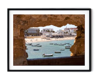 Photo de plage à Cadix, côte méditerranéenne avec bateaux, art mural numérique à imprimer, photographie de Cadix