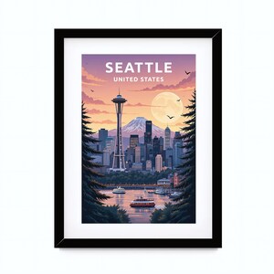 Arte mural imprimible, Impresión de arte digital, Póster de Seattle, Arte de pared de Seattle, Cartel de viaje Seattle, Regalo de Seattle