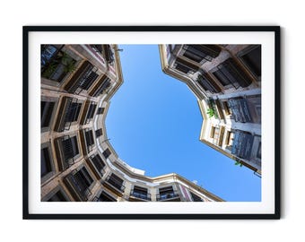 Photo d'architecture de Barcelone, cour intérieure de l'Eixample, peinture géométrique moderne, art mural de la ville d'Espagne, téléchargement numérique imprimable