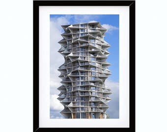 Photo des tours Kaktus à Copenhague, architecture moderne danoise, peinture géométrique minimaliste, art mural urbain, téléchargement numérique imprimable