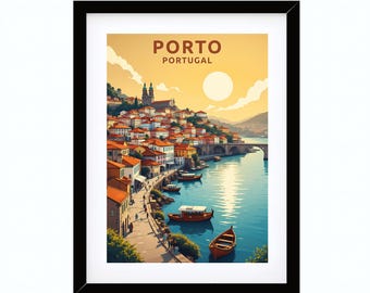 Porto Portugal Travel Poster, Ribeira District Wall Art, Douro River Skyline Print, Sunset City Decor, Printable digital download