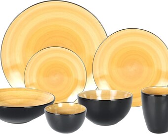 Stoneware Dinnerware Set, Black + Speckled Spin Wash (56Pc Set, Yellow)