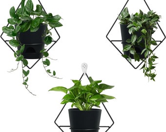 3 juegos de maceteros de pared para plantas de interior, macetero de pared colgante, soporte de metal negro, macetas geométricas, macetero montado en la pared, macetero negro de 5 pulgadas