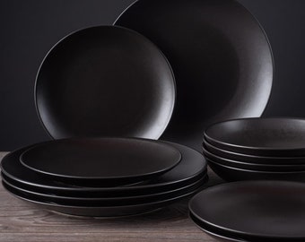 Black Matte 12-Piece Dinnerware Set Stoneware