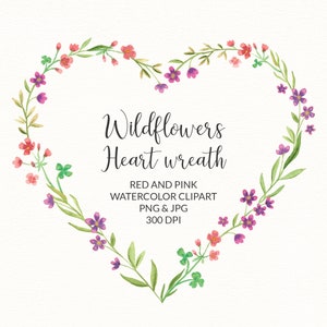 Coeur floral clipart, PNG Fleur rouge et rose Couronne fleur des champs, Composition d’été colorée à l’aquarelle, Saint Valentin, Design PNG
