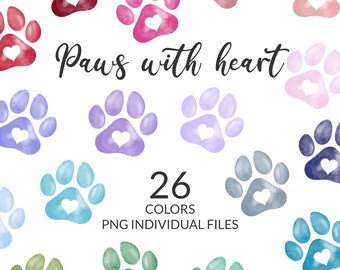 May include: 26 watercolor paw prints with hearts in various colors.  The paw prints are arranged in a circle around the text "paws with heart".