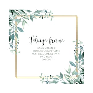 Bordure feuillages avec cadre doré carré Clipart PNG, Feuilles vertes à l’aquarelle pour invitation de mariage et fabrication de cartes