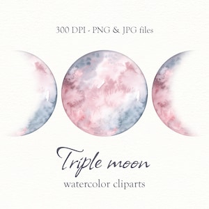 Lune triple PNG - Clipart lune aquarelle peint à la main - Croissant et pleine lune PNG - Phase lune céleste clipart mystique - Rose et Gris