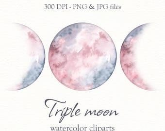 May include: Triple moon watercolor clipart set featuring three moons in shades of pink and blue. The moons are in different phases, with one full moon and two crescent moons.