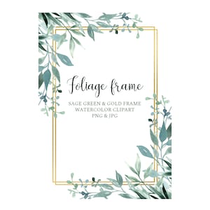 Clipart Cadre doré et feuillage, Feuilles vert sauge pour invitation de mariage, Bordure aquarelle botanique PNG, DIY graphiques décorations