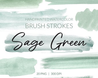 Watercolor Sage Green brush strokes clipart | 20 transparent png, digital download