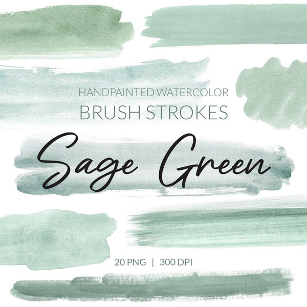 Watercolor Sage Green brush strokes clipart | 20 transparent png, digital download