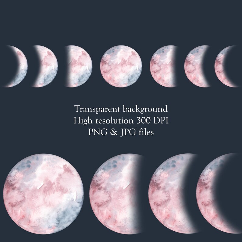 May include: A set of eight watercolor moon phases in pink and blue tones. The moon phases are arranged in a circle, starting with the new moon and ending with the full moon.