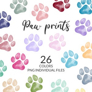 26 Empreintes de patte PNG clipart, Patte Chien & Chat, empreinte de patte à l’aquarelle, arc-en-ciel et coloré, téléchargement instantané