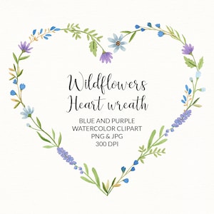 Coeur floral clipart, PNG Fleurs bleu violet Couronne fleur des champs, Composition d’été colorée à l’aquarelle, Saint Valentin, Design PNG