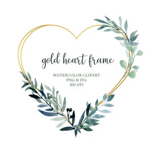 Coeur or et couronne feuillage Clipart, Cadre floral feuilles vertes PNG, Eucalyptus et branches d’olivier, Invitation de mariage à imprimer