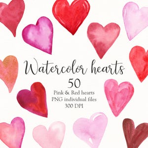 50 Coeurs roses et rouges PNG clipart, Coeur aquarelle graphique PNG, Clipart coeur Saint Valentin, Forme coeur amour détouré