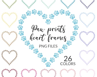 May include: Set of 26 watercolor paw print heart frames in various colors. The frames are perfect for adding a touch of whimsy to your crafts and projects. PNG files.