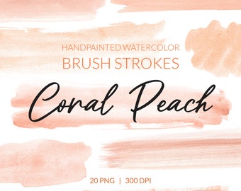 Puede incluir: Veinte gráficos de trazos de pincel de acuarela en tonos coral y melocotón.  Trazos de pincel de acuarela pintados a mano.  Coral Melocotón.  20 PNG | 300 DPI.