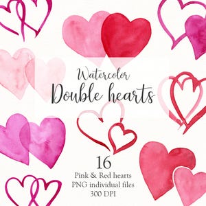 16 Coeurs doubles rouges et roses PNG clipart, Coeur aquarelle graphique PNG, Clipart coeur Saint Valentin, Forme coeur amour détouré