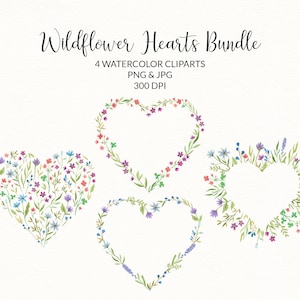 4 Coeurs floraux PNG Bundle Clipart fleurs des champs arrangement floral couronne aquarelle, PNG Saint Valentin, téléchargement instantané