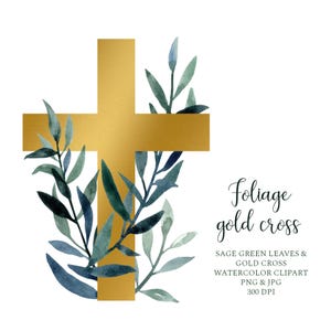 Croix dorée de Pâques clipart, Aquarelle foi et baptême, PNG feuillages branche d’olivier, Décoration pour carte communion chrétienne