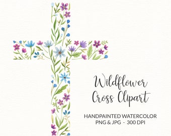Bloemenkruis clipart, aquarel bloemenkruis PNG, voor Pasen, doop, eerste communie, direct te downloaden