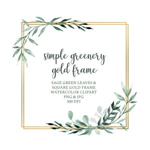Cadre carré or feuillages clipart, Feuilles vert sauge à l’aquarelle PNG, Invitation de mariage, Ressources graphiques décorations de cartes