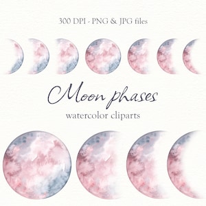 Phases de lune Aquarelle PNG - Clipart phase de lune peint à la main - Croissant lunaire, pleine lune PNG - Lune céleste Boho - Rose et Gris