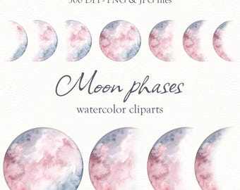 May include: Watercolor illustrations of eight moon phases in pink and blue tones. The moon phases are arranged in a row, starting with a new moon and ending with a full moon. The text "Moon phases watercolor clipart" is written below the moon phases.